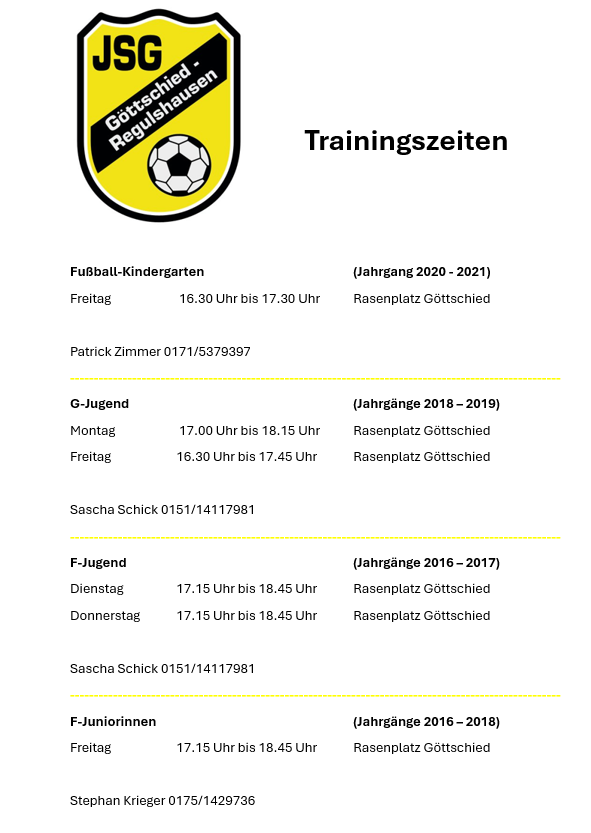 Aktuelle Trainingszeiten